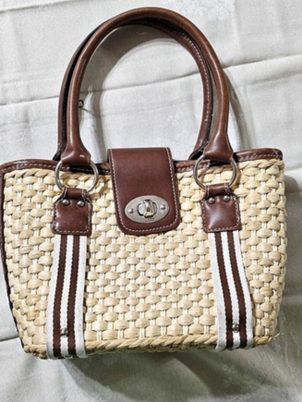 Vintage Chaps Woven Straw & Faux Leather Double Handle Tote in Brown & Cream